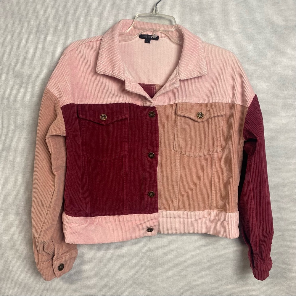 Colorblock Corduroy Jacket - Pink and Red